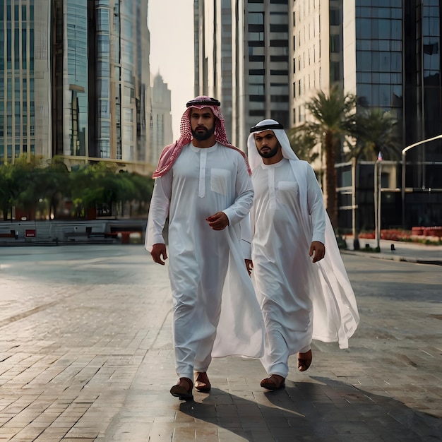 two men in white are walking down a street