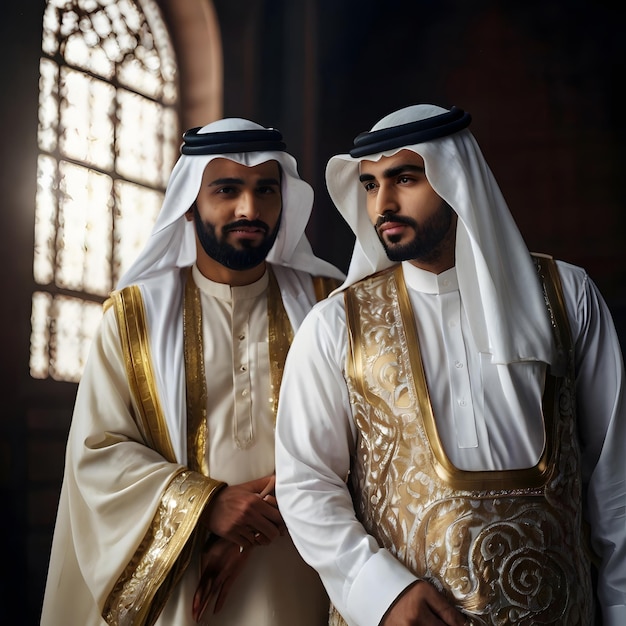 two men in white robes stand in front of a window