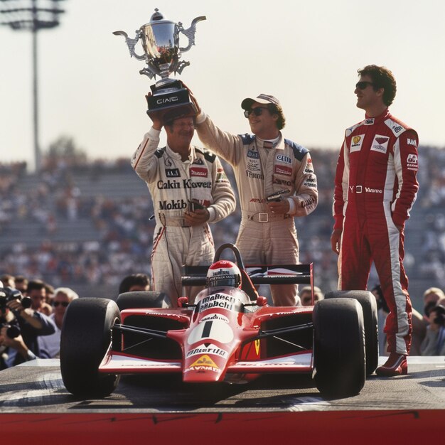 Photo two men in white uniforms are standing next to a race car