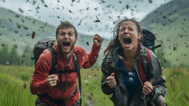 Photo two men with backpacks are running through a field of bugs