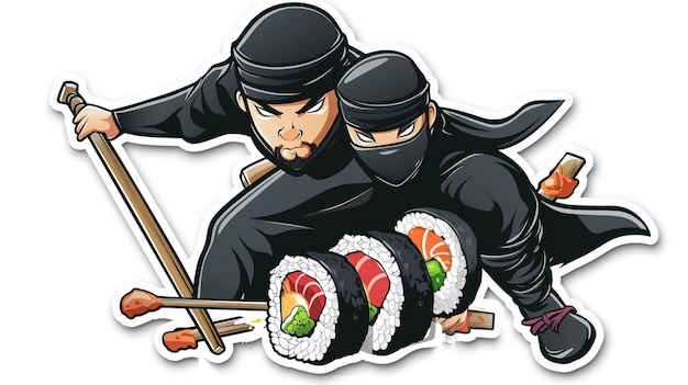 two men with gloves on their head and a stick with the word sushi on it