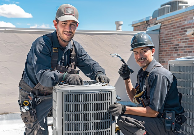 Photo two men with hard hats one wearing a hard hat the other with a wrench on his shoulder