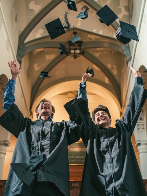 two men with hats that say  graduation  on them