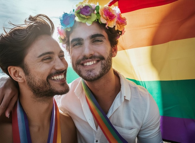 Photo two men with a rainbow flag behind them one of them has a flower crown on his head