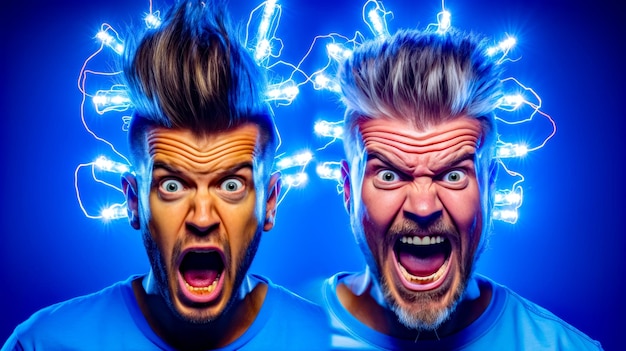 Two men with their mouths open in front of blue background with lights