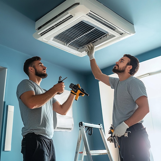 Two men working on an air conditioner in the ceiling of a modern office