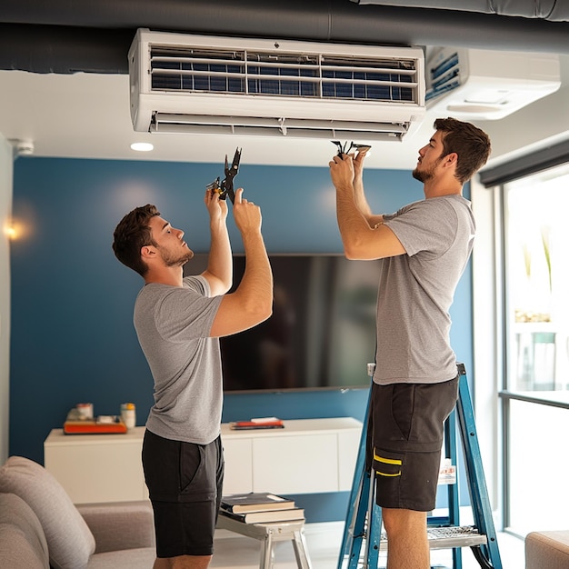 Two men working on an air conditioner in the ceiling of a modern office