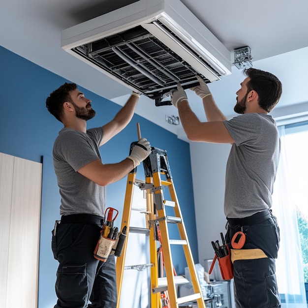 Two men working on an air conditioner in the ceiling of a modern office