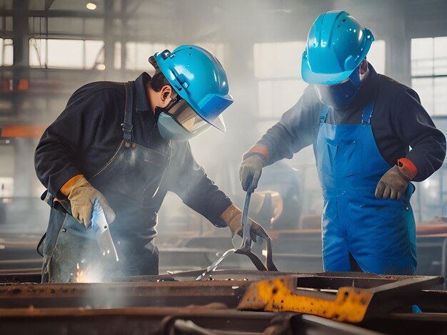 two men working on a metal piece of metal with blue construction material on them