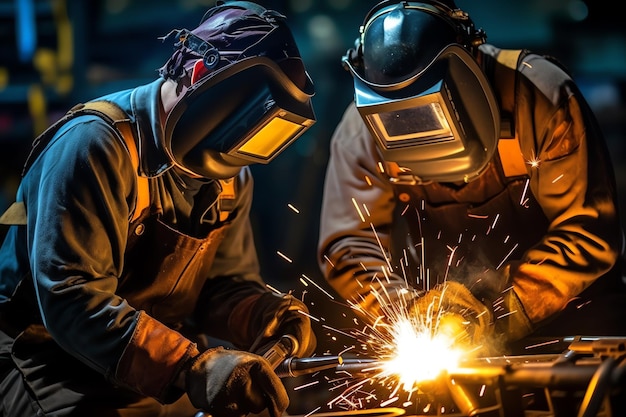 Two men working on a piece of metal with sparks flying around them