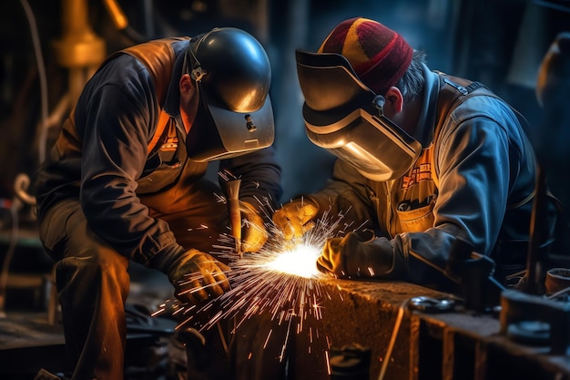 Two men working on a piece of metal