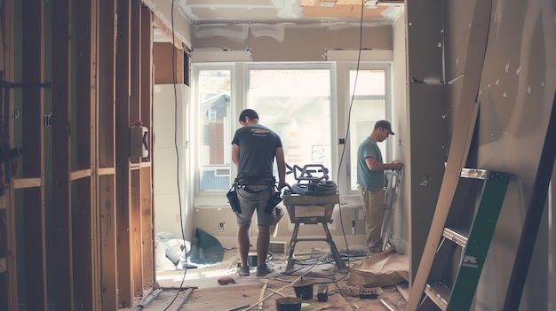 Photo two men working in a room with a large window and a man working on a projector