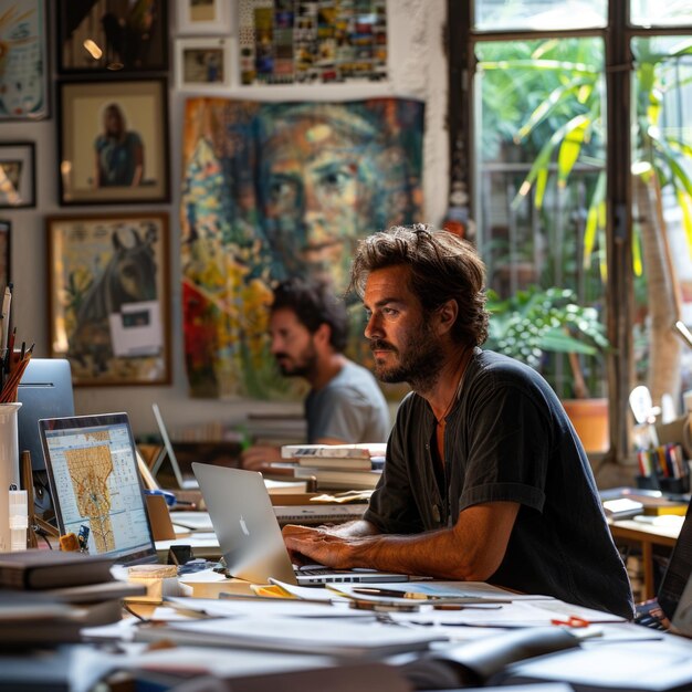 Photo two men working in a room with a painting of a man on the left