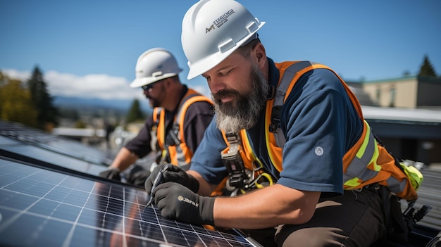 Two Men Working on a Solar Panel Installation on a Rooftop Generated with AI