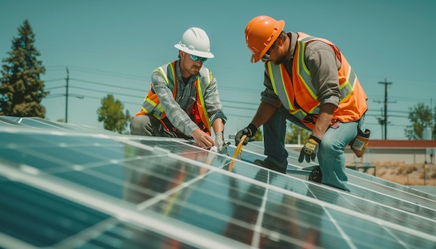 Photo two men working on solar panel with rooftop clean sky photography