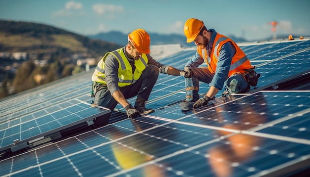 Photo two men working on solar panel with rooftop clean sky photography