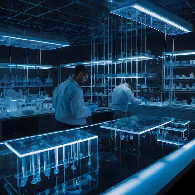 Photo two men working in a store with a blue light on the ceiling