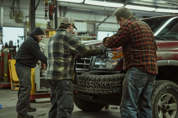 Two men working on truck replacing tires in a garage working together to replace the tires on a large SUV in a busy and noisy auto repair shop