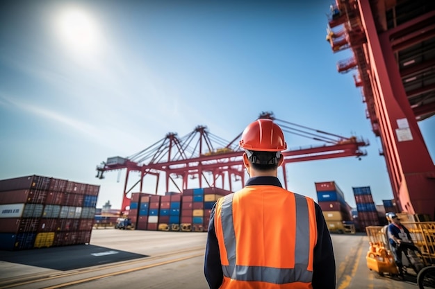 Two men in yellow safety vests standing in front of shipping containers Generative AI