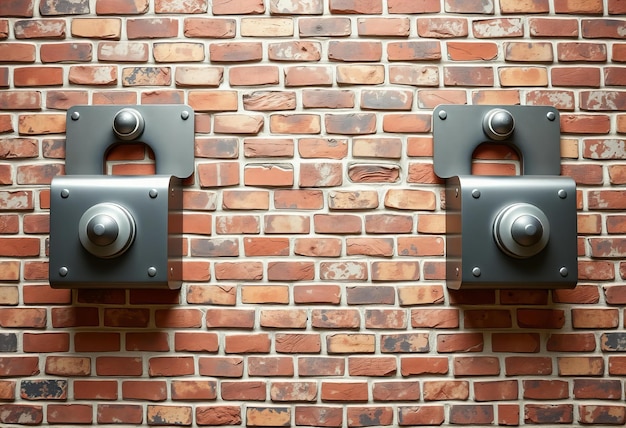 Photo two metal cameras are mounted on a brick wall