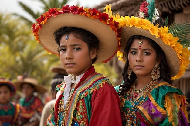 two mexican girls wearing colorful costumes and one has a hat that says quot indian quot on it