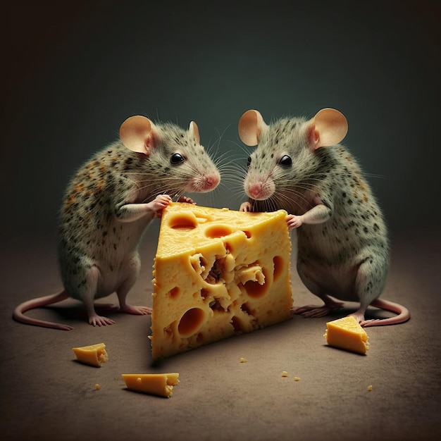 Two mice are eating a piece of cheese with one of them eating it.