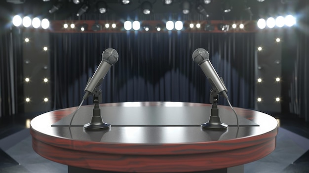 Two microphones stand ready on a podium in a dimly lit auditorium suggesting an anticipation of a significant speech or debate