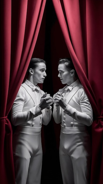 Photo two mime artist behind red curtain looking at each other