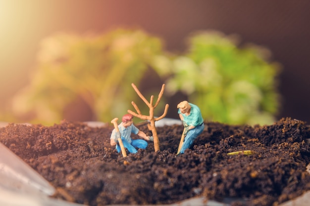 two miniature figure people planting tree