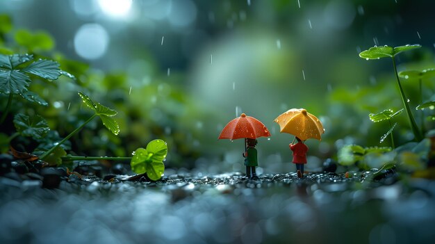 Photo two miniature figures holding red and yellow umbrellas stand in a rainsoaked clover forest