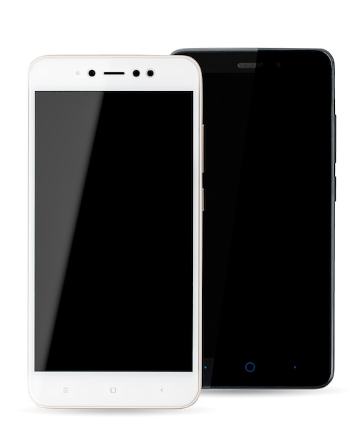 Two mobile phones are white and black on white, close-up. The is smartphones