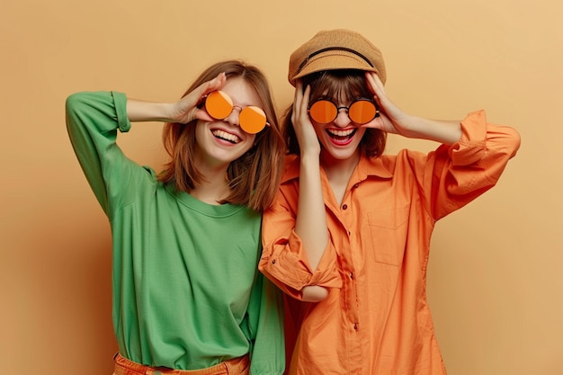 Photo a two modals girls wearing sunglasses and one wearing a green jacket orange background