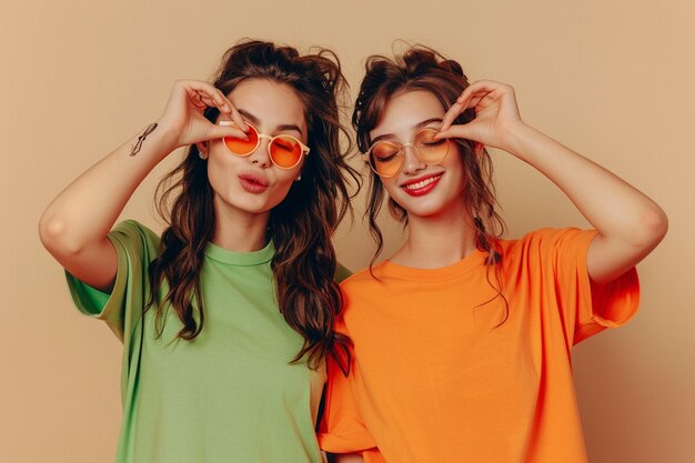 Photo a two modals girls wearing sunglasses and one wearing a green jacket orange background