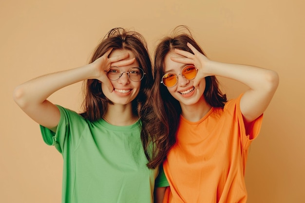 Photo a two modals girls wearing sunglasses and one wearing a green jacket orange background