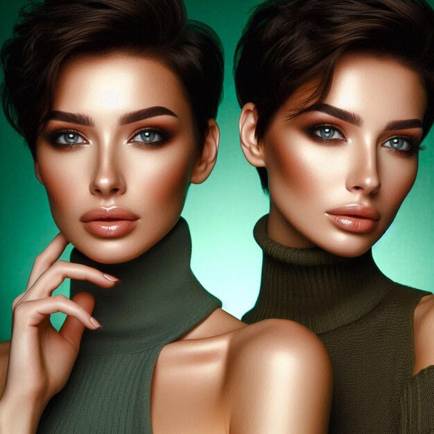 Photo two model models with green eyes and neckline