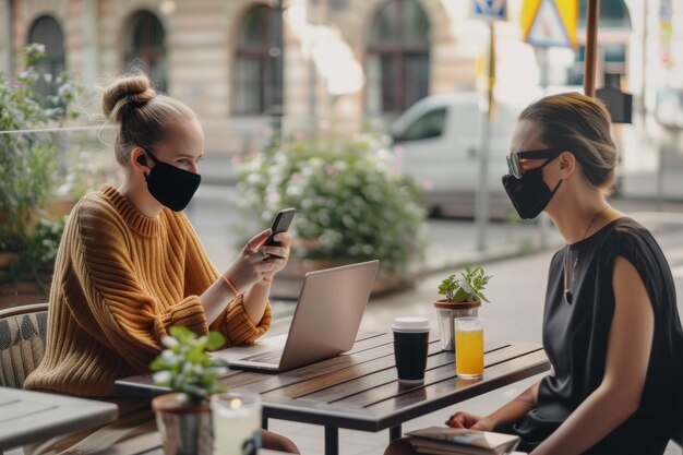 Photo two modern women with black face masks sitting in cafe outdoors two women two beautiful women with