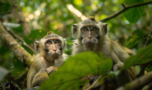 two monkeys are sitting in a tree with the word monkey on the left