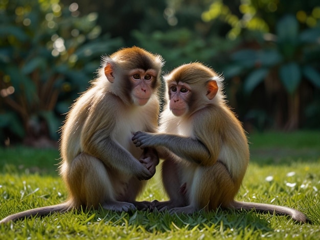 two monkeys sit in the grass one of them has a stick in his hands