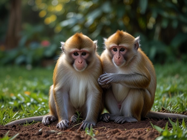 two monkeys sit together one of which is a monkey