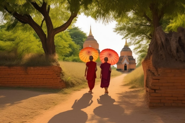 Two monks walking down a path with umbrellas in front of them.