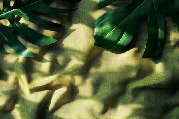 Two Monstera Leaves on a Wrinkled Green Fabric