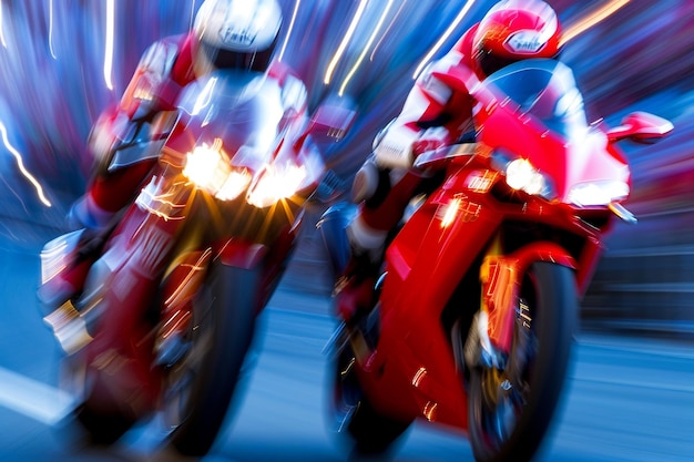 Photo two motorcycle racers speeding through a corner with intense motion blur and vibrant lights