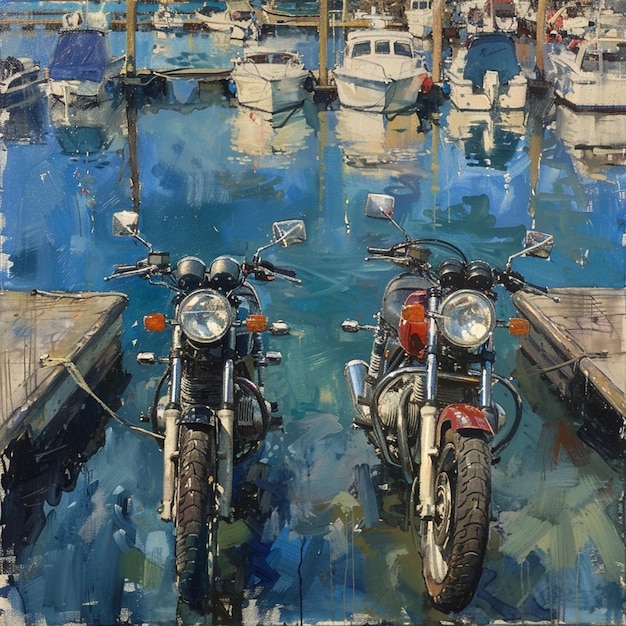 Photo two motorcycles are parked in front of a marina with boats in the background