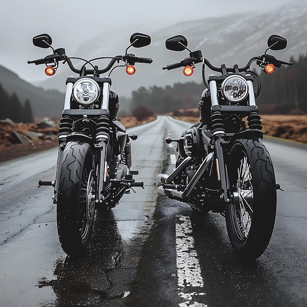 two motorcycles are parked on the side of a road with the words  two  on the side