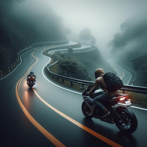 two motorcyclists ride down a winding road in the fog