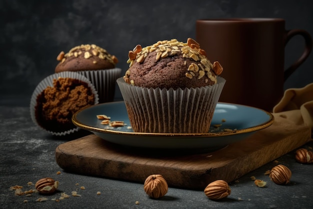 Two muffins on a plate with a cup of walnuts on the side