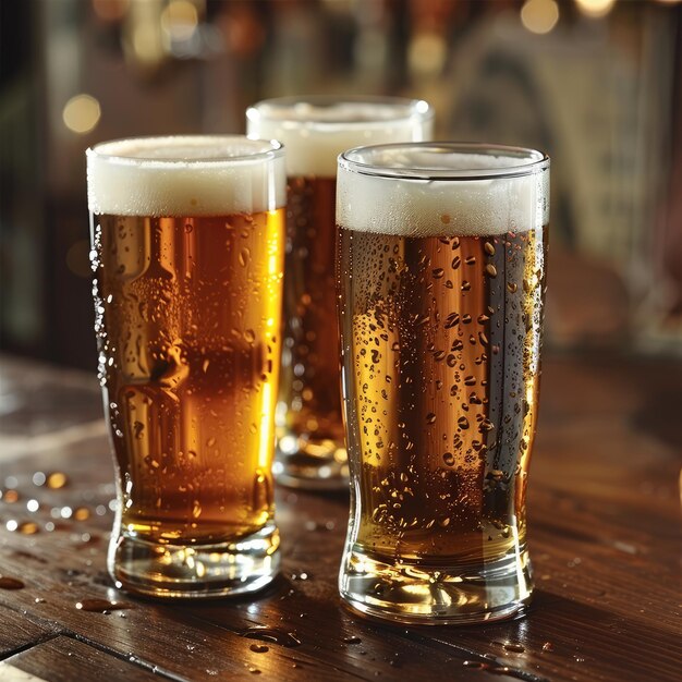 two mugs of beer are sitting on a wooden table