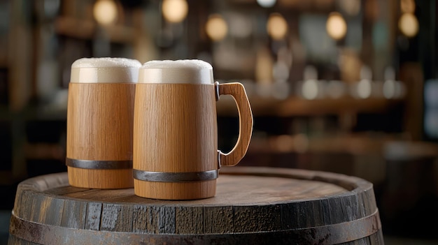 Photo two mugs of beer sit on a barrel one of which is made by the company