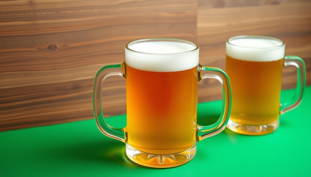 Photo two mugs of beer sit on a green table with one that says  beer