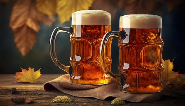 Two mugs of beer sit on a table with autumn leaves on the background.